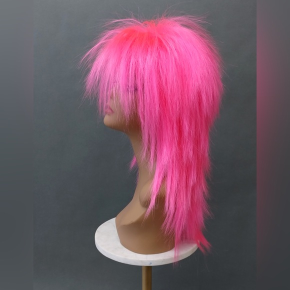Hot Pink Long Spiky 80s Punk Mullet Rockstar Costume Wig